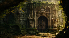 Old Abandoned Stone Building With Ivy And Vegetation,Spooky Old Doorway Leads To Abandoned Dungeon