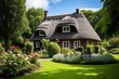 Beautiful Frisian house with thatched roof. Generative AI