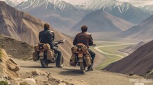 Young Indian Bikers Stopping By A Great Himalayan View En Route To Ladakh.