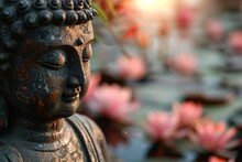 Closeup Head Of Buddha Statue With Pink Lotuses