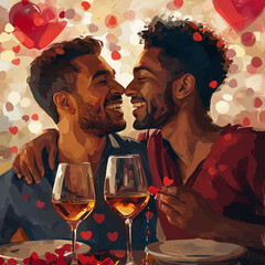 Wall Mural - St Valentine's theme, gay couple celebrating, surrounded by hearts, couple love concept