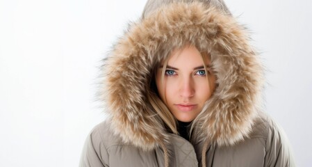 Closeup portrait of a beautiful young woman in winter jacket with hood