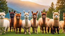 Alpacas Animals Banner Panorama Long Collection Close Up Portrait Headshot Head Of Cute Sweet Funny Laughing Smiling Group Of Alpaca Vicugna Pacos Isolated On White Background, Generative Ai
