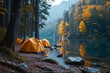 camping , resting in tents near a lake , nature background