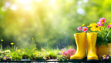 Gardening Background With Flowerpots, Yellow Boots In Sunny Spring Or Summer Garden