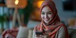 Arab woman with a smile using her smartphone at home. Generative Ai.