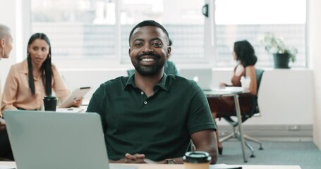 Poster - Businessman in creative office with laptop, portrait and smile with market research career. Face, coworking space and happy professional black man at desk with networking, email and tech startup.