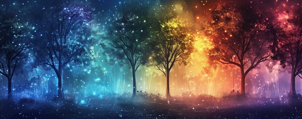 Wall Mural - a colorful painting of trees with stars and lights, in the style of misty gothic, impressive panoramas, nightcore, animated gifs, smokey background.