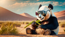 A Whimsical Panda Sitting In The Middle Of The Barren Desert While Wearing An Augmented Reality Headset And Eating Bamboo. Concept Of Wild Life Conditioned By Humans.