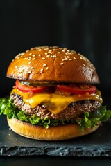 Canvas Print - Commercial food photography, gourmet cheeseburger on a stone board over black background