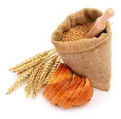 Sticker - Wheat in a sack, ears and bread.