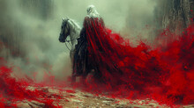 A Person Wearing A Long Flowing Crimson Cloak Riding A Horse Dreary Medieval Grunge Fantasy Art Painting