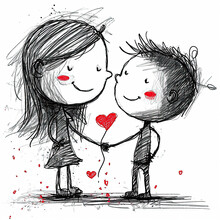 Happy Valentines Day Sketch Of A Girl And Boy Couple , Black And White With Red Hearts Showing Love