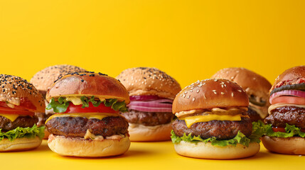 Canvas Print - Commercial food photography, a group of tempting various different burgers against yellow background