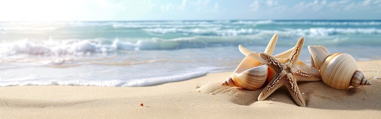 Two Seashells Resting on Sandy Beach by the Ocean