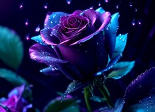Close Up Of A Beautiful Purple Rose With Water Drops Scattered