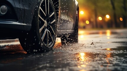 Wall Mural - A car's tire splashes through a puddle on a wet street after rain, Golden glow of streetlights and sunset. Reflection on the dark asphalt.