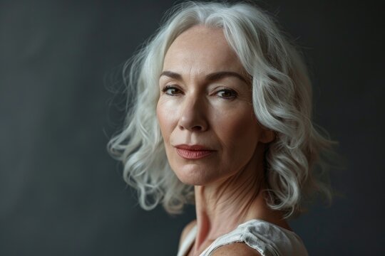 Portrait of mature woman with grey hair on grey background, closeup