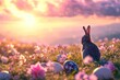 Easter bunny sitting in the grass and looking at the sunset purple sky, colored eggs, spring flowers and sunlight, banner with copy space for text