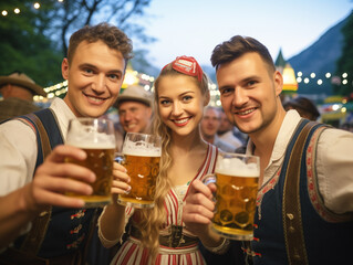  A lively Oktoberfest scene with cheerful people, traditional attire, and celebration.