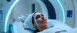 Woman undergoing cancer radiation therapy in a modern private clinic or hospital with professional doctors using a linear accelerator.