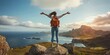 Freedom embodied in female hiker trekking mountains woman embracing nature travel adventure reaching peak success with backpack journey young and beautiful lifestyle panoramic view at sunrise outdoor