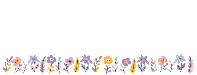 Wall Mural - Wildflowers doodle style. Floral long banner with simple flowers and grass in pastel colors