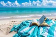 turquoise towel with fringed edges is laid out on the sand