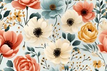  Flowers Seamless Pattern. Poppies, Chicory, Cosmos Flowers, Bluebells.