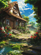 Architektur im Manga Anime Stil. Cottage mit Garten und Weg