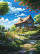 Architektur im Manga Anime Steampunk Stil. Cottage und wilder Garten