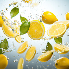 Wall Mural - fresh lemon fruits flying through the picture isolated against white background