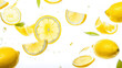 fresh lemon fruits flying through the picture isolated against white background