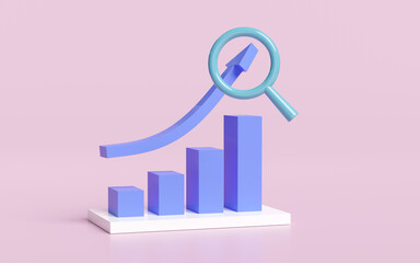 3D charts graph with magnifying glass, analysis business financial data, online marketing isolated on pink background. business strategy minimal concept, 3d render illustration