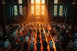 Worshippers bathed in golden light during a prayer session inside a mosque.