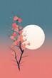 Stylized illustration of a blossoming tree against a full moon and dusk sky.
