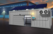 Industrial refrigerator with solar panels. Energy efficient refrigerated container. External refrigerator truck near industrial building. Open industrial refrigerator at sunset. 3d image.