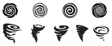Creative Vector Illustration Of Hurricane Indication Side And Spiral View Icon Symbol Set Isolated On Transparent Background. Art Design Vortex, Typhoon, Tornado Funnel, Wind Storm.
