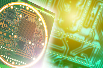 Poster - Printed circuit board. PCB background. green computer board. Concept of microelectronics production. circuit board texture. cyber background. PCB pattern. microprocessor background. 3d image
