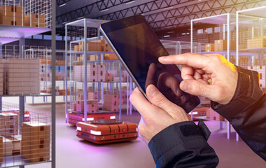 Poster - Warehouse technologies. Tablet is in hands of storekeeper. Offline storage. Robots transport racks around warehouse. AGV technology. AMR equipment. AGV control via tablet. Sorting warehouse robots