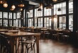 © ArtisticLens - Cozy cafe interior with wooden floor and tables with chairs standing next to them Large windows