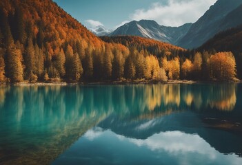 Mysterious mountain lake with turquoise water in the autumn day Zen lake Beautiful reflection of mou