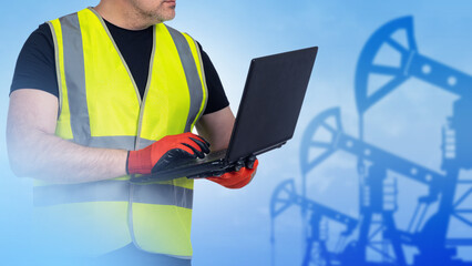 Poster - Oil refinery engineer. Worker with laptop in hands. Cropped man near oil pumps. Monitoring petroleum production process. Technologist for crude oil production. Fuel industry specialist in yellow vest