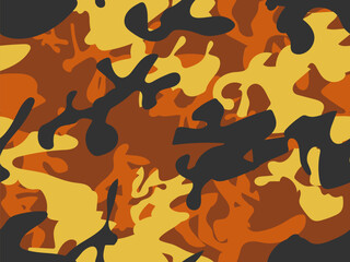 Wall Mural - Urban Camo Print. Yellow Vector Pattern. Military Vector Camouflage. Yellow Black Paint. Abstract Camo Canvas. Dirty Camouflage Seamless Brush. Repeat Orange Abstract Camoflage Orange Fabric Texture.