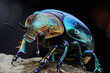 close-up of a scarab beetle with a metallic sheen on the body, painted in various shades of blue and green with tints and reflections, developed antennae, massive legs with claws, insect, nature