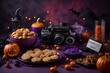 Ignite the Halloween fervour with a high-angle shot featuring cinema essentials, food and Halloween-themed decorations on an isolated purple backdrop, ready to accommodate your promotional text or ads
