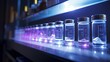 Row of glass vials in a high-tech laboratory illuminated by a glowing purple light, indicating advanced scientific research in progress.