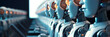 © Prasanth - Row of robots in call center working as operators answering customer calls