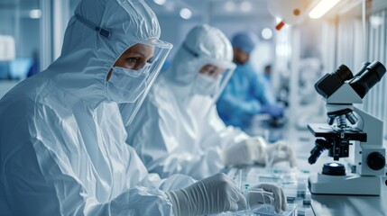 Wall Mural - Scientists in Sterile Cleanroom Suits Control Manufacturing Machinery Work and Use Microscopes for Research, Doctors do tests in the laboratory.