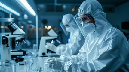 Scientists in Sterile Cleanroom Suits Control Manufacturing Machinery Work and Use Microscopes for Research, Doctors do tests in the laboratory.